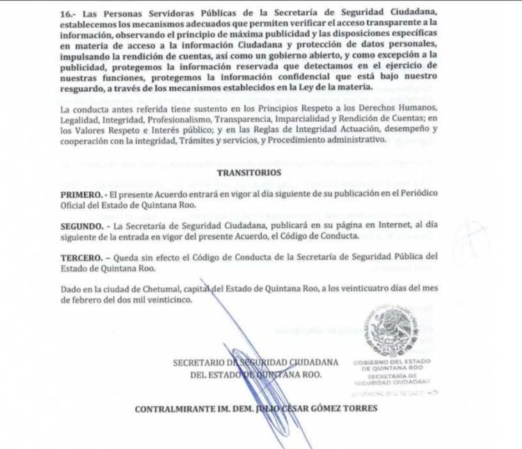 Apartir de hoy entra en vigor el “Código de Conducta” de la Secretaría de Seguridad Ciudadana de Q. Roo