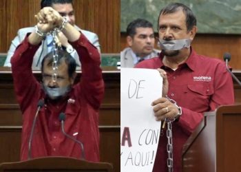 Diputado de Morena se encadena y amordaza en el Congreso de Sinaloa en protesta por iniciativa de lenguaje inclusivo