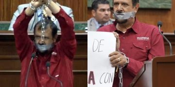 Diputado de Morena se encadena y amordaza en el Congreso de Sinaloa en protesta por iniciativa de lenguaje inclusivo