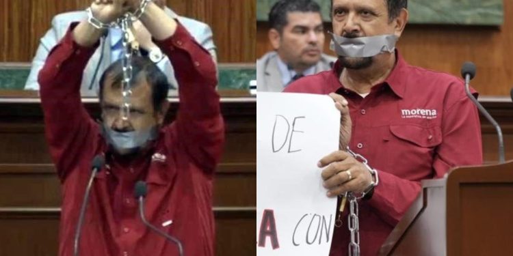 Diputado de Morena se encadena y amordaza en el Congreso de Sinaloa en protesta por iniciativa de lenguaje inclusivo