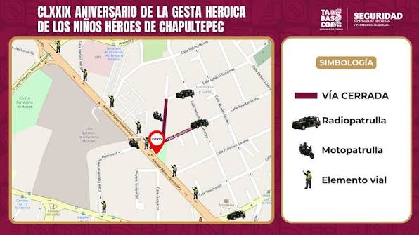 La SSPC implementará vialidades cerradas este domingo por el aniversario de la Gesta de los Niños Héroes en Villahermosa